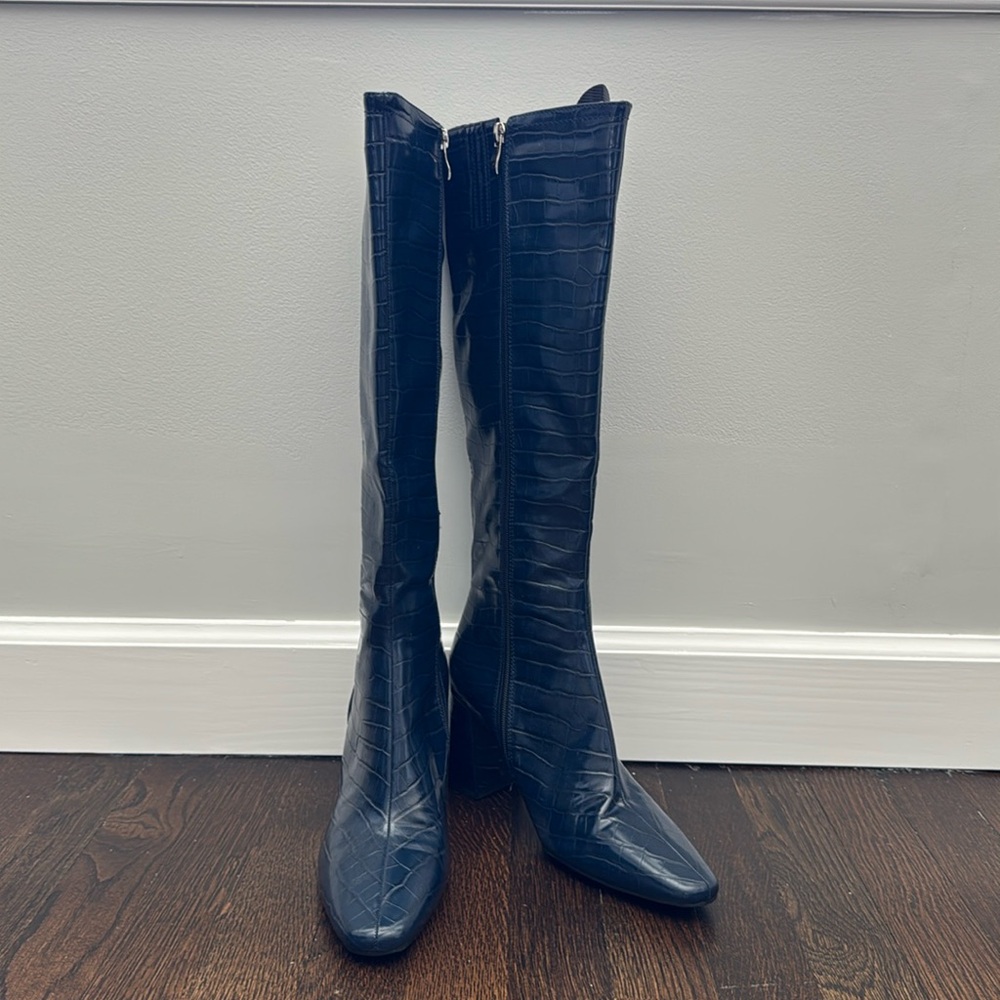 Navy Blue Croc Heel Boots